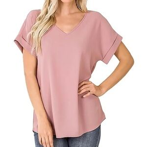 { pink rose } Cuffed Sleeve Blouse Relaxed Fit